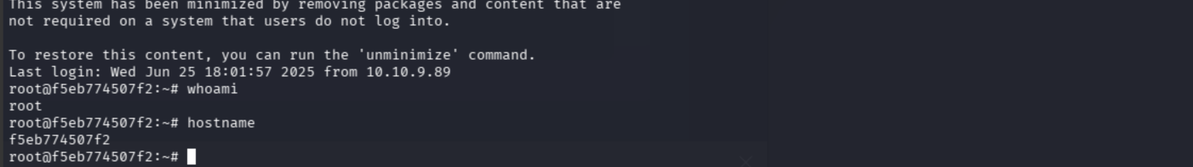 whoami returns root, hostname returns f5eb774507f2